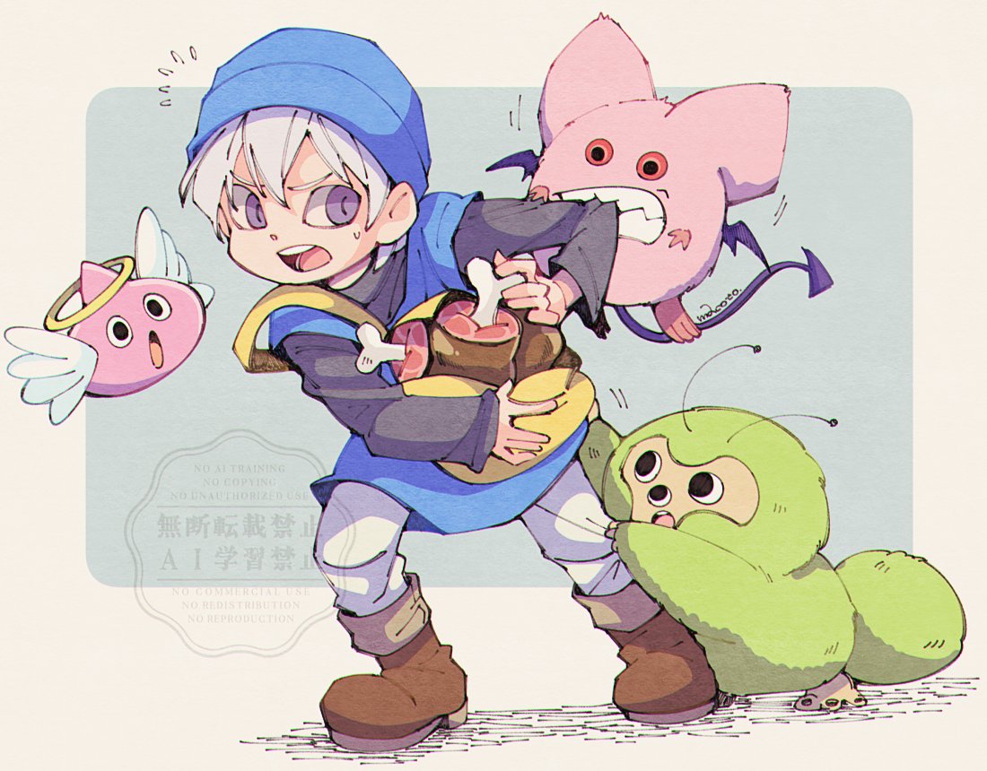 1boy, 29qmatatavi, 3others, angel_slime, aqua_background, bag, bat_wings, biting_another's_arm