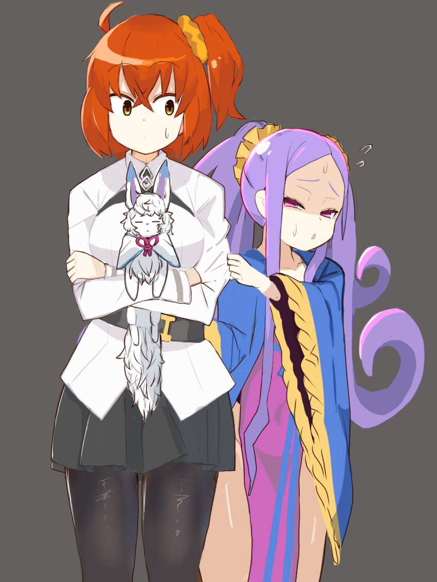 2girls, ahoge, belt, black_pantyhose, black_skirt, breasts, chaldea_uniform, chinese_clothes