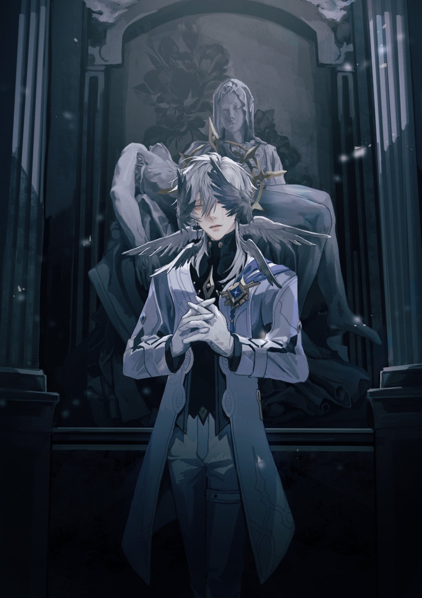 1boy, angel_wings, cathedral, coat, feathered_wings, gloves, gold_halo, haku_ris, halo, halo_behind_head, hashtag-only_commentary, head_wings, highres, honkai:_star_rail, honkai_(series), interlocked_fingers, long_coat, male_focus, medium_hair, multiple_wings, one_eye_covered, own_hands_together, pillar, raised_inner_eyebrows, solo, spiked_halo, standing, statue, sunday_(honkai:_star_rail), white_coat, white_gloves, white_hair, wings, yellow_eyes