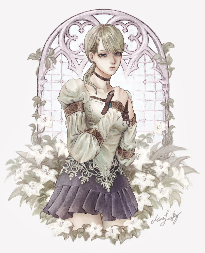 1girl, blonde_hair, blue_eyes, commission, dress, flower, highres, mina_(minalaifey)