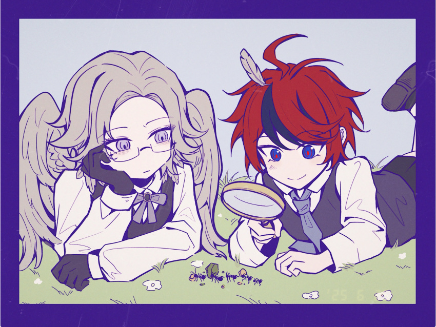 2boys, absurdres, ahoge, ant, aotsuki_eito, black_gloves, black_shoes, black_streaks, black_vest, blue_eyes, border, bow, bowtie, bug, chinese_commentary, collared_shirt, feathered_wings, feathers, glasses, gloves, grey_bow, grey_bowtie, grey_eyes, grey_feathers, grey_hair, grey_necktie, head_rest, highres, holding, holding_magnifying_glass, looking_at_animal, lying, magnifying_glass, male_focus, mizongwenwu, multicolored_hair, multiple_boys, necktie, on_ground, on_stomach, purple_border, red_hair, shirt, shoes, short_hair, streaked_hair, sumino_takumi, the_hundred_line_-last_defense_academy-, vest, white_shirt, wings