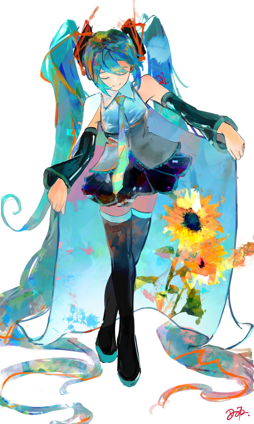 1girl, absurdly_long_hair, absurdres, aqua_hair, aqua_necktie, black_boots, black_skirt, black_sleeves, boots, breasts, cape, cape_hold, closed_eyes, closed_mouth, commentary_request, detached_sleeves, double_dougnuts, facing_down, flower, grey_shirt, hair_between_eyes, hair_ornament, hatsune_miku, highres, long_hair, miniskirt, necktie, shirt, sidelocks, signature, single_bare_shoulder, skirt, small_breasts, smile, solo, sunflower, thigh_boots, twintails, very_long_hair, vocaloid, white_background, white_cape, yellow_flower, zettai_ryouiki
