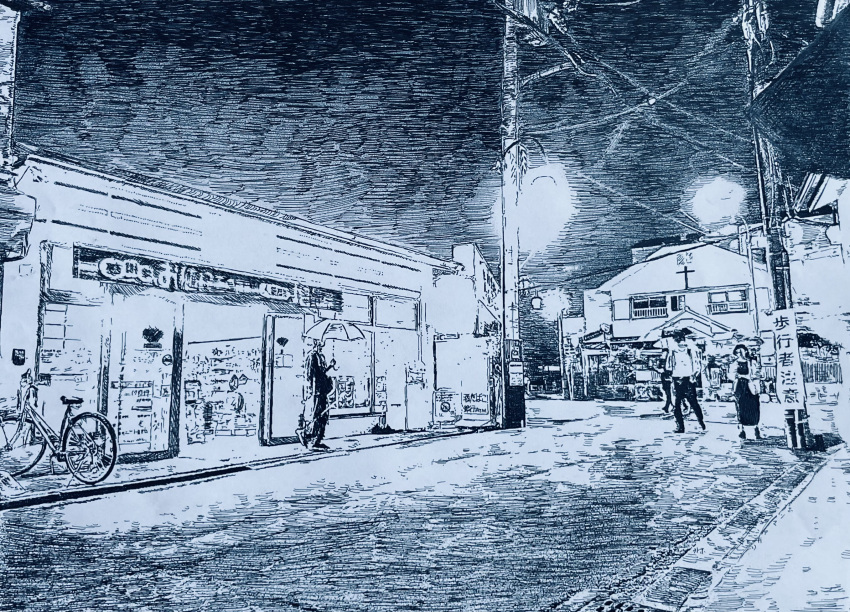 1girl, ambiguous_gender, ballpoint_pen_(medium), bicycle, black_sky, convenience_store, greyscale, hatching_(texture)