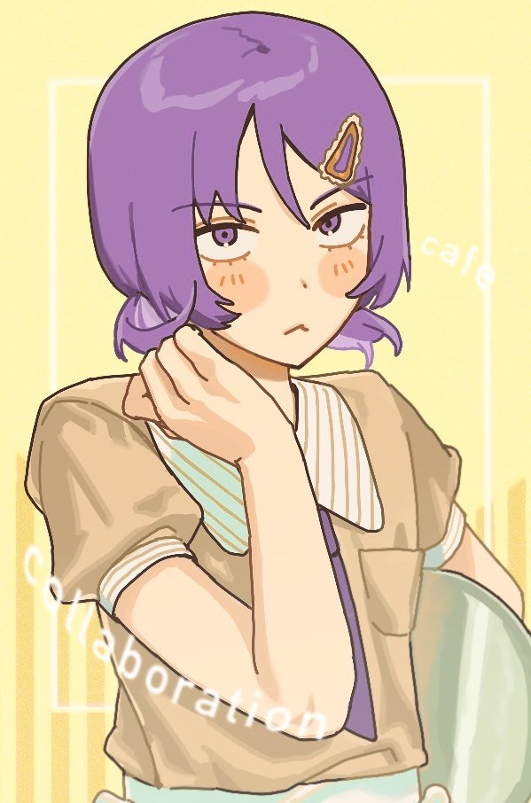 1girl, :<, blush, breast_pocket, commentary_request, contrast_collar, employee_uniform, fujii_ayame, futsuu_no_keion-bu, hair_ornament, hairclip, hand_on_own_neck, holding, holding_tray, inset_border, looking_at_viewer, mano_(atsushiiii2277), necktie, official_alternate_costume, orange_shirt, pocket, puffy_short_sleeves, puffy_sleeves, purple_hair, purple_necktie, sanpaku, shirt, short_hair, short_sleeves, short_twintails, solo, striped_collar, striped_sleeve_cuffs, tray, twintails, upper_body, violet_eyes, waitress, yellow_background