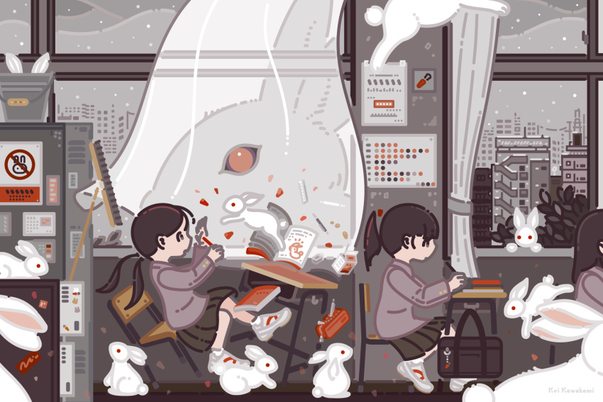 ._., 3girls, animal, artist_name, bag, bag_charm, book, broom