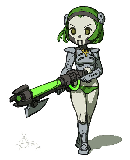 armor, chibi, face_paint, flat_chest, green_eyes, green_hair, gun, hairband