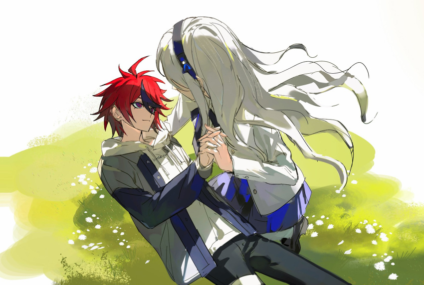 1boy, 1girl, ahoge, binxngchng1, black_hairband, black_jacket, black_pants, black_ribbon