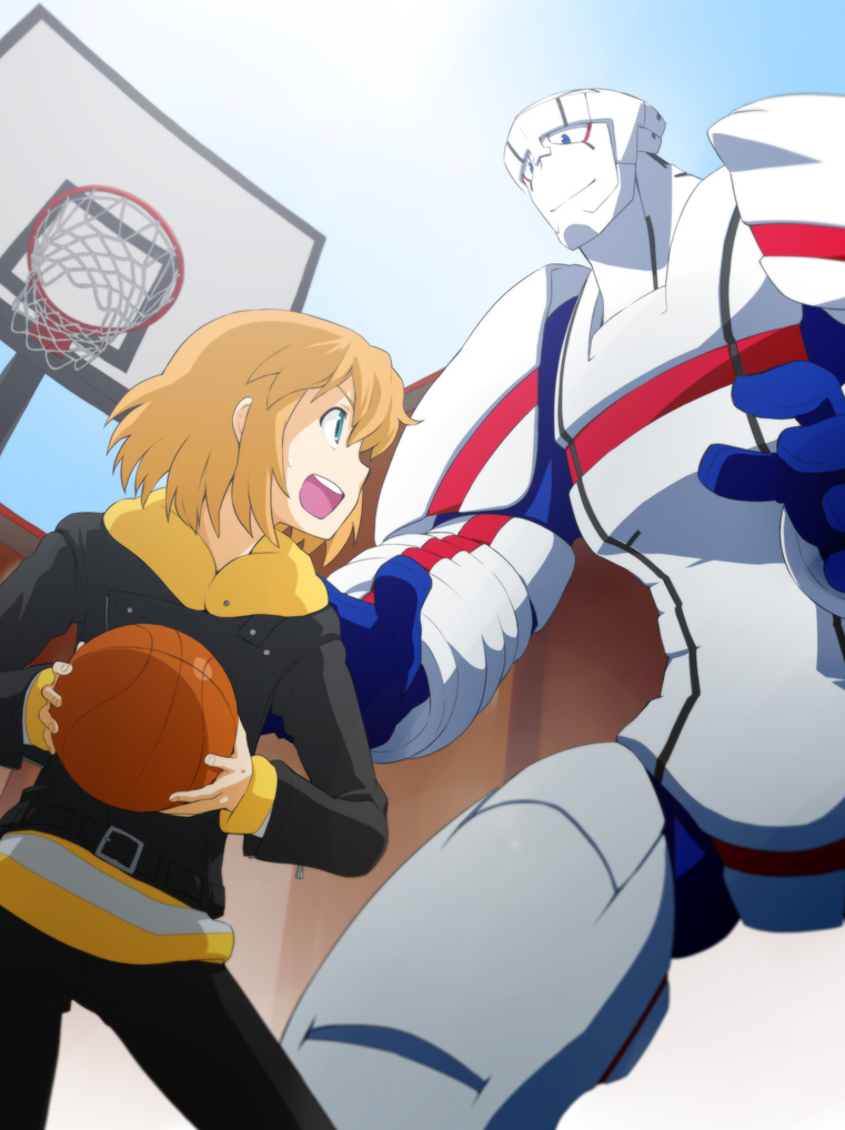 basketball_hoop, blonde_hair, blue_eyes, heroman, heroman_(robot), joey_jones, nagian, open_mouth