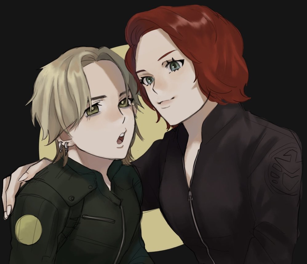 2girls, animification, avengers_(series), black_background, black_bodysuit, black_widow, blonde_hair, bodysuit
