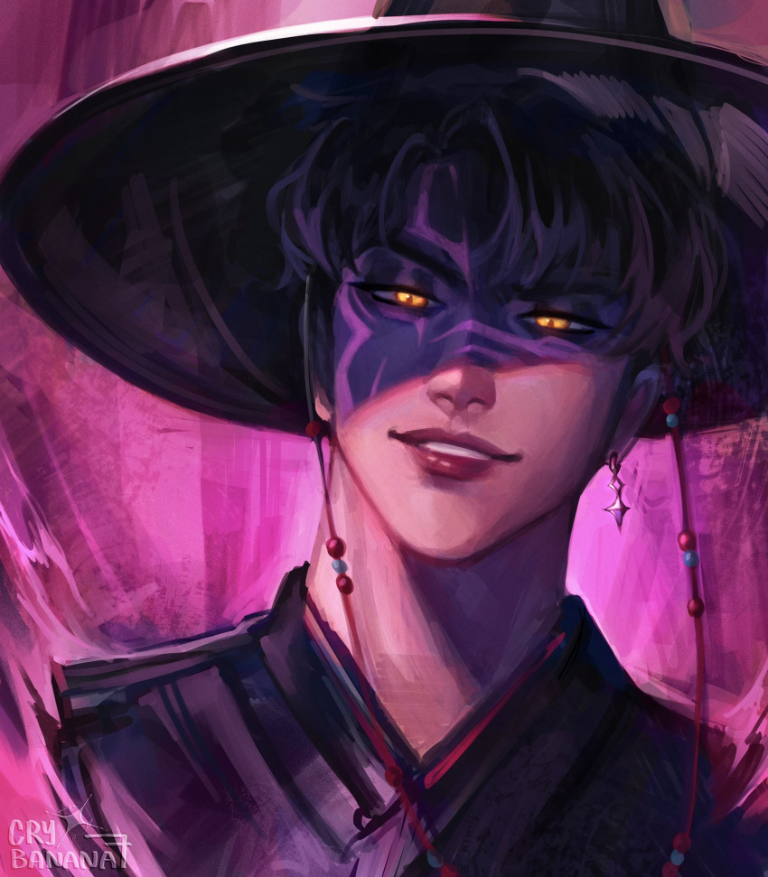 1boy, black_hair, black_hanbok, colored_skin, crybanana77, earrings, facial_tattoo, gat_(hat), gatkkeun, hanbok, hat, highres, jewelry, jinu_(kpop_demon_hunters), korean_clothes, korean_traditional_hat, kpop_demon_hunters, male_focus, multicolored_skin, nose, orange_pupils, parted_lips, portrait, purple_background, purple_skin, short_hair, slit_pupils, solo, tattoo, teeth, yellow_eyes