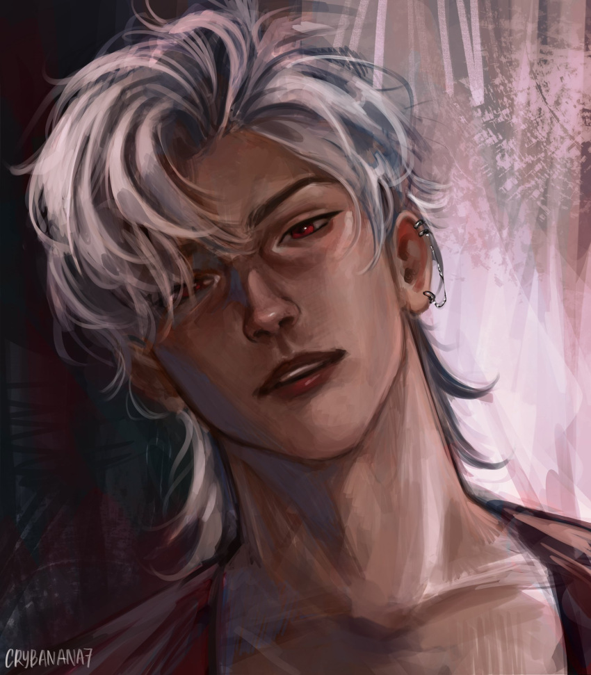 1boy, chain, chain_earrings, collarbone, crybanana77, earrings, eyes_visible_through_hair, hair_over_one_eye