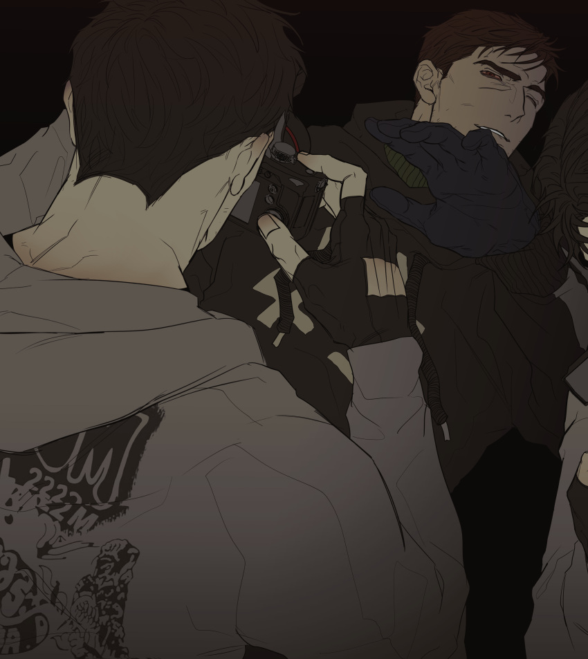 2boys, absurdres, afraid_of_monsters, black_gloves, black_hair, black_hoodie, bloodshot_eyes, brown_eyes