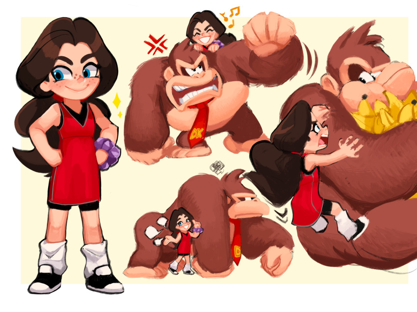 1boy, 1girl, anger_vein, banana, blue_eyes, brown_hair, clenched_hand, donkey_kong