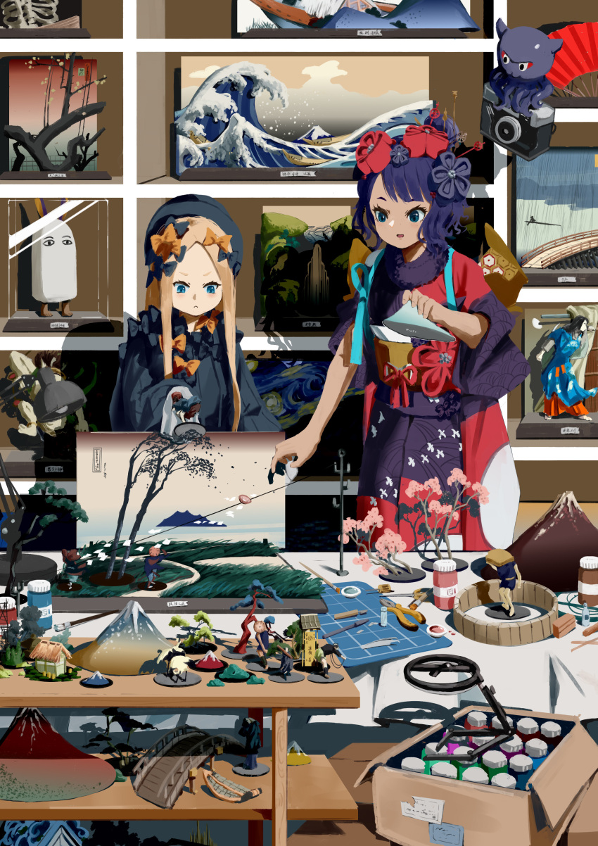 2girls, abigail_williams_(fate), abigail_williams_(first_ascension)_(fate), absurdres, black_bow, black_dress, black_hair, black_hat