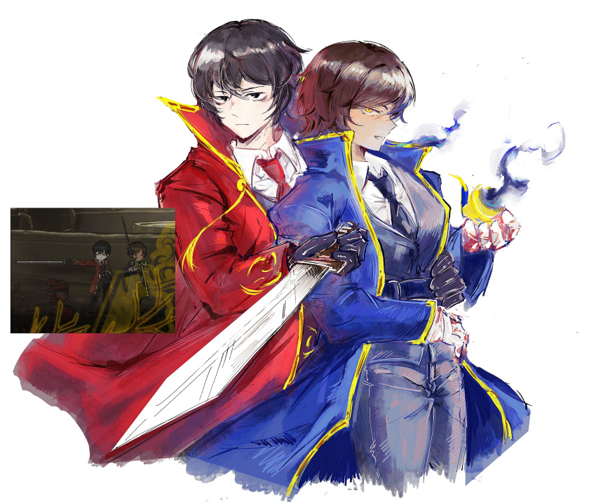 1boy, 1girl, black_eyes, black_hair, black_necktie, blue_coat, blue_vest, brown_hair