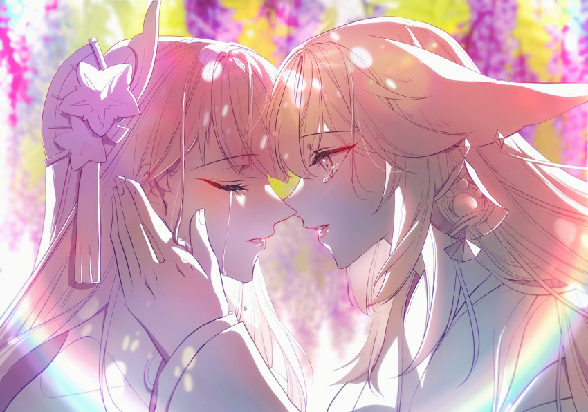 2girls, animal_ear_piercing, animal_ears, blunt_bangs, blurry, blurry_background, closed_eyes, couple