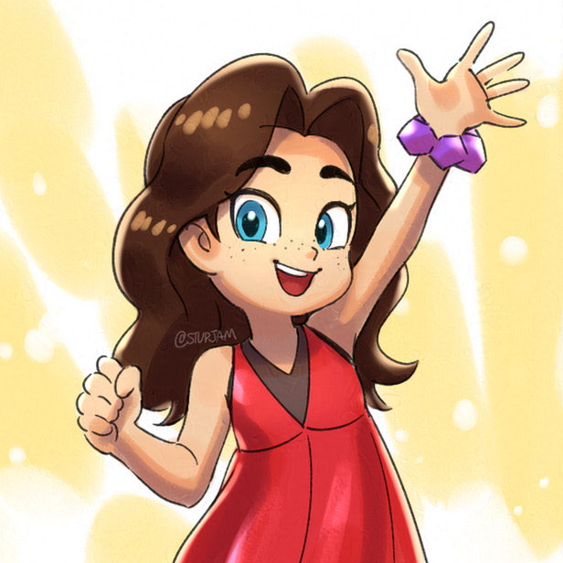 1girl, blue_eyes, brown_hair, clenched_hand, donkey_kong_(series), donkey_kong_bananza, dress, freckles