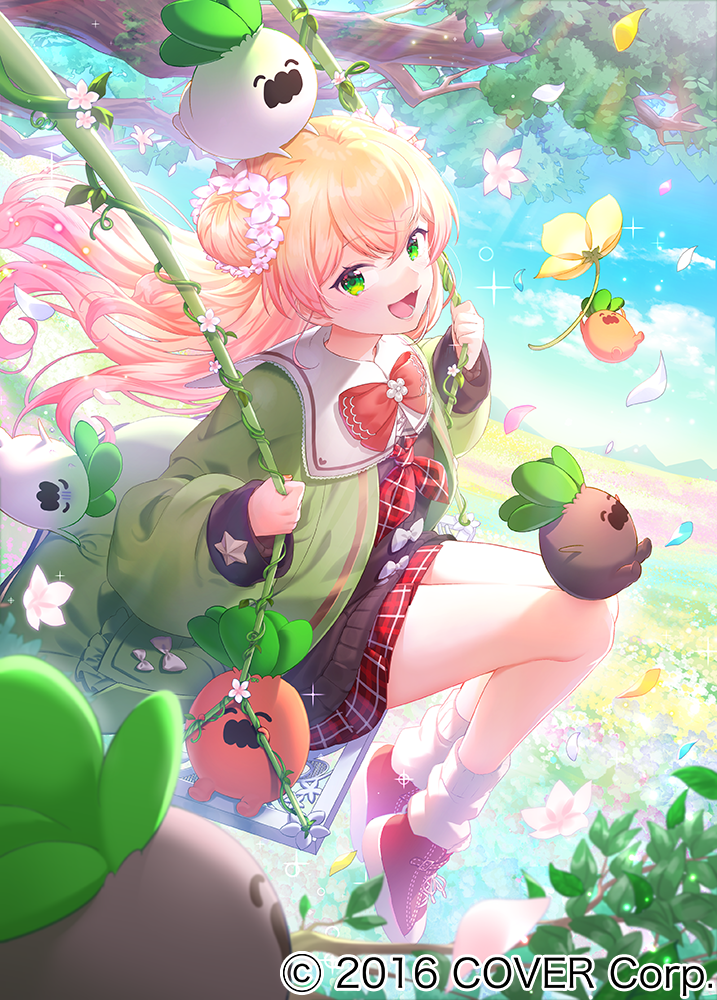 1girl, blonde_hair, blue_sky, brown_cardigan, cardigan, commentary_request, copyright_notice, crossed_bangs