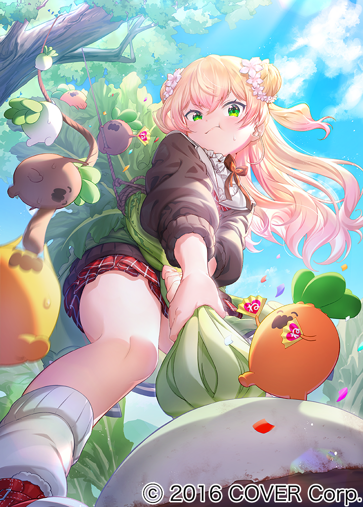 1girl, blonde_hair, blue_sky, brown_cardigan, cardigan, closed_mouth, collar, commentary_request