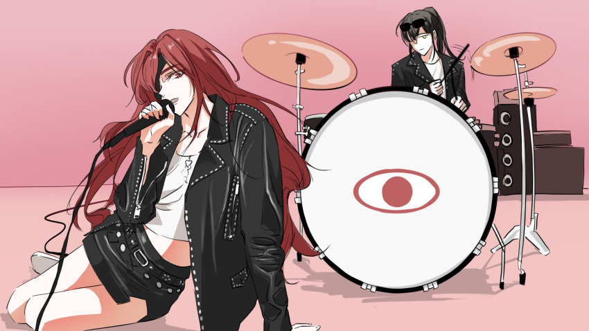 1boy, 1girl, apt._(rose_&amp;_bruno_mars), black_jacket, black_skirt, brown_hair, drum, drum_set
