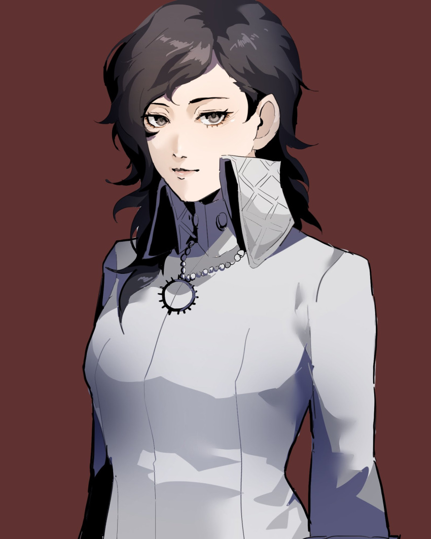 1girl, 4me3ba_niku, black_hair, brown_background, coat, digital_devil_saga, grey_eyes, high_collar