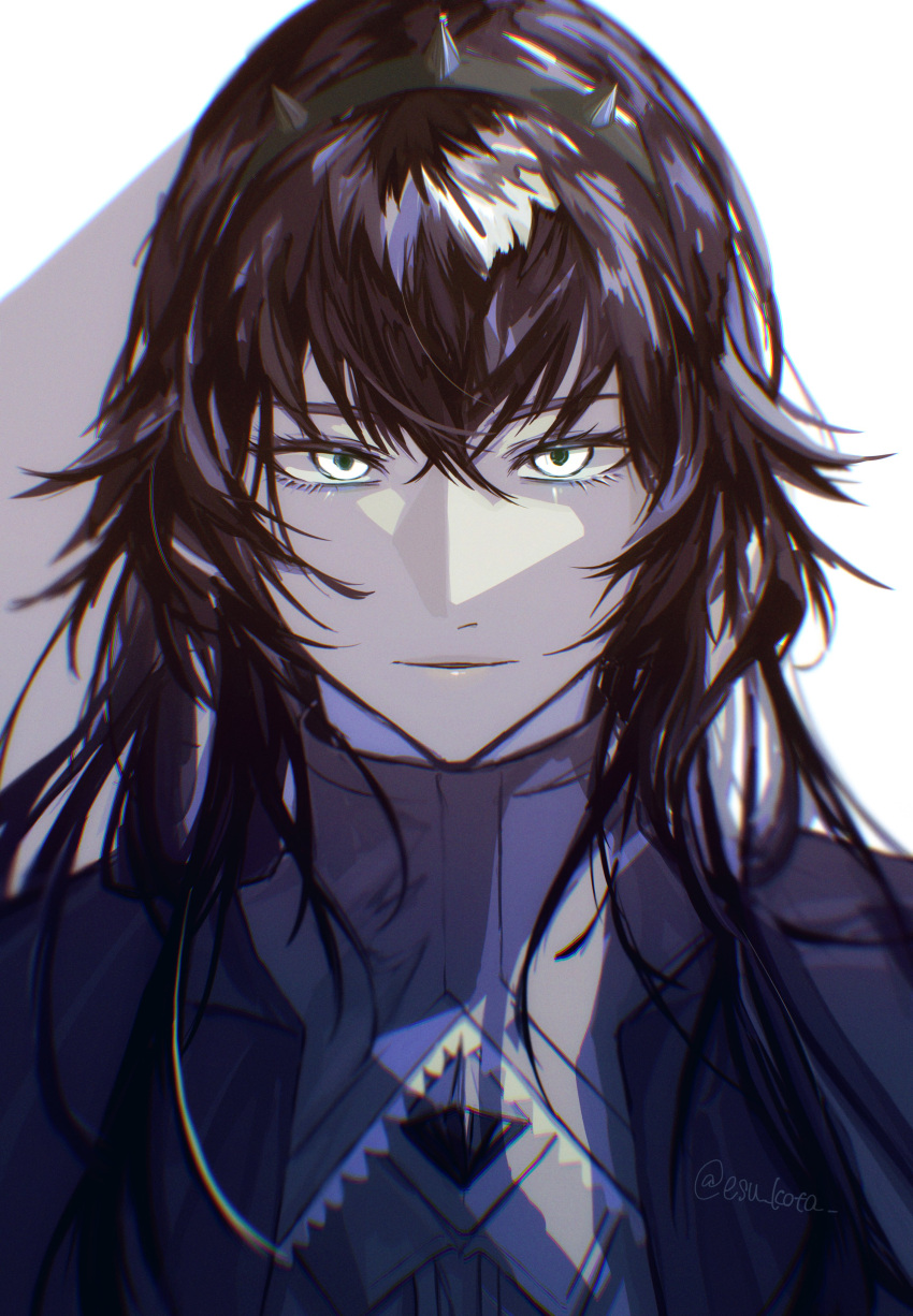 1girl, absurdres, black_capelet, black_hair, black_shirt, capelet, close-up, collared_shirt, esu_kota, eyelashes, gem, glowing, glowing_eyes, green_eyes, highres, lips, lo_po_bia_elaine, long_hair, looking_at_viewer, original, parted_lips, portrait, shaded_face, shadow, shirt, solo, tiara, tower_of_god, underlighting, white_background