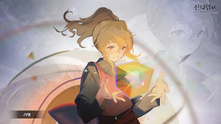 1girl, black_shirt, blonde_hair, collared_shirt, cube, dress, floating, floating_hair, game_cg, highres, looking_at_object, naye, official_art, ponytail, rachel_(tower_of_god), red_dress, red_ribbon, ribbon, shadow, shirt, simple_background, smile, solo, tower_of_god, tower_of_god:_great_journey, yellow_eyes, yellow_light