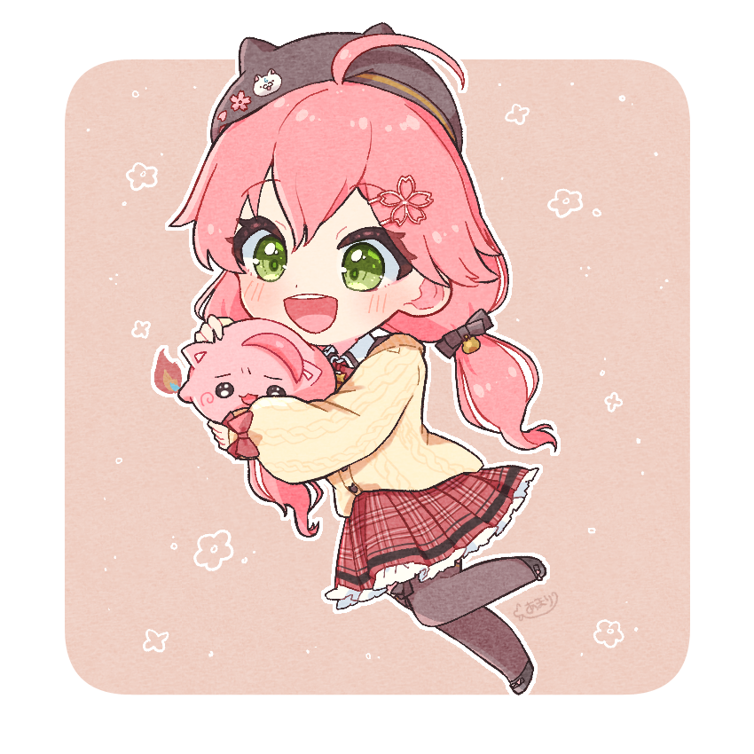 1girl, :d, ahoge, amari_(ama_shiiiiiiba), animal_hat, beret, black_hat, black_pantyhose