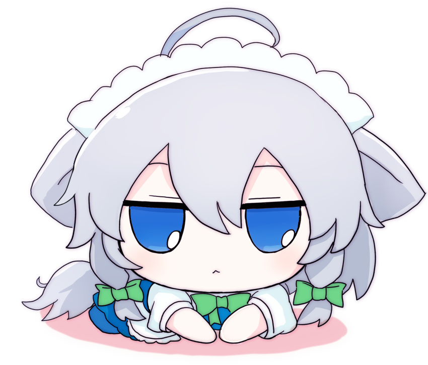 1girl, ahoge, animal_ears, apron, azuma_meri, blue_dress, blue_eyes, blue_shoes, bow, bowtie, braid, chibi, chibi_only, closed_mouth, commentary_request, dog_ears, dog_tail, dress, frills, full_body, fumo_(doll), green_bow, green_bowtie, grey_hair, hair_between_eyes, hair_bow, half-closed_eyes, highres, inu_sakuya_(nejikirio), izayoi_sakuya, kemonomimi_mode, looking_at_viewer, lying, maid, maid_headdress, on_stomach, puffy_short_sleeves, puffy_sleeves, shadow, shirt, shoes, short_hair, short_sleeves, simple_background, solo, tail, touhou, twin_braids, white_apron, white_background, white_shirt