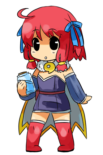 1girl, :o, ahoge, alchemist_(ragnarok_online), black_eyes, blue_bow, blue_sleeves, boots