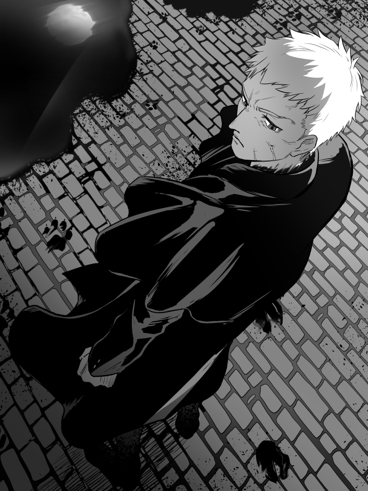 1boy, blood, blood_splatter, blood_stain, coat, expressionless, from_above, long_coat, looking_to_the_side, male_focus, melty_blood, metarogu, monochrome, nrvnqsr_chaos, paw_print, short_hair, tall_male, tsukihime, vampire, very_long_coat