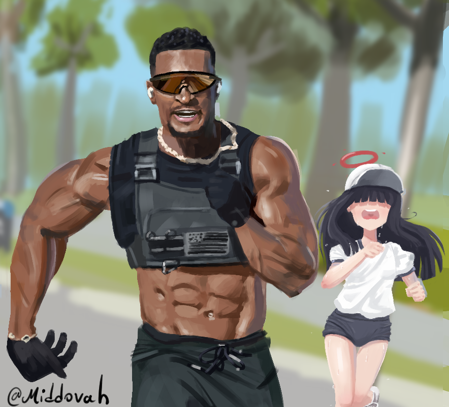 1boy, 1girl, abs, artist_name, ashton_hall's_morning_routine_(meme), black_gloves, black_hair, black_pants