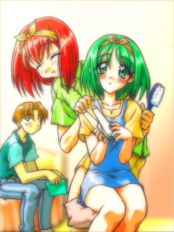 1boy, 2girls, alternate_hairstyle, bangs, bed, bedroom, blue_shirt, blush, book, brown_eyes, brown_hair, casual, dress, fujita_hiroyuki, green_eyes, green_hair, green_shirt, hair_brush, kamigishi_akari, multi, multiple_girls, pillow, red_hair, ribbon, robot_ears, short_hair, skirt, smile, to_heart