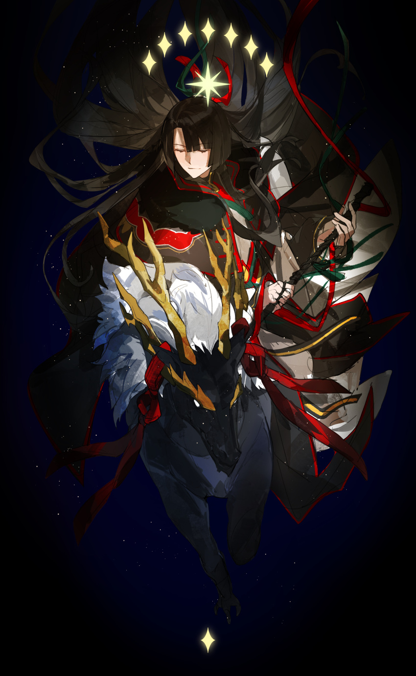 1boy, absurdres, animal, black_background, black_coat, black_hair, changpao, chinese_clothes, closed_eyes, closed_mouth, clothing_request, coat, curtained_hair, fate/grand_order, fate_(series), fui_(fui29493452), fur_trim, high_collar, highres, holding, horns, light_particles, long_hair, long_sleeves, male_focus, original, pants, qilin_(mythology), riding, sibuxiang_(fate), smile, solo, star_(symbol), striped_clothes, striped_pants, taigong_wang_(fate), tapir, vertical-striped_clothes, vertical-striped_pants, weapon, white_fur, yellow_horns
