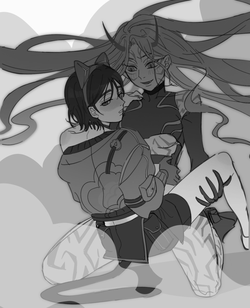 2girls, alien_stage, animal_ears, body_markings, breasts, carrying, carrying_person, cat_ears, chinese_commentary, commentary, demon_girl, demon_horns, detached_sleeves, fake_animal_ears, fang, floating_hair, greyscale, highres, horns, jacket, long_hair, mizi_(alien_stage), monochrome, multiple_girls, open_mouth, shirt, short_hair, sleeveless, sleeveless_shirt, smile, sua_(alien_stage), tuxiaoning_not, very_long_hair