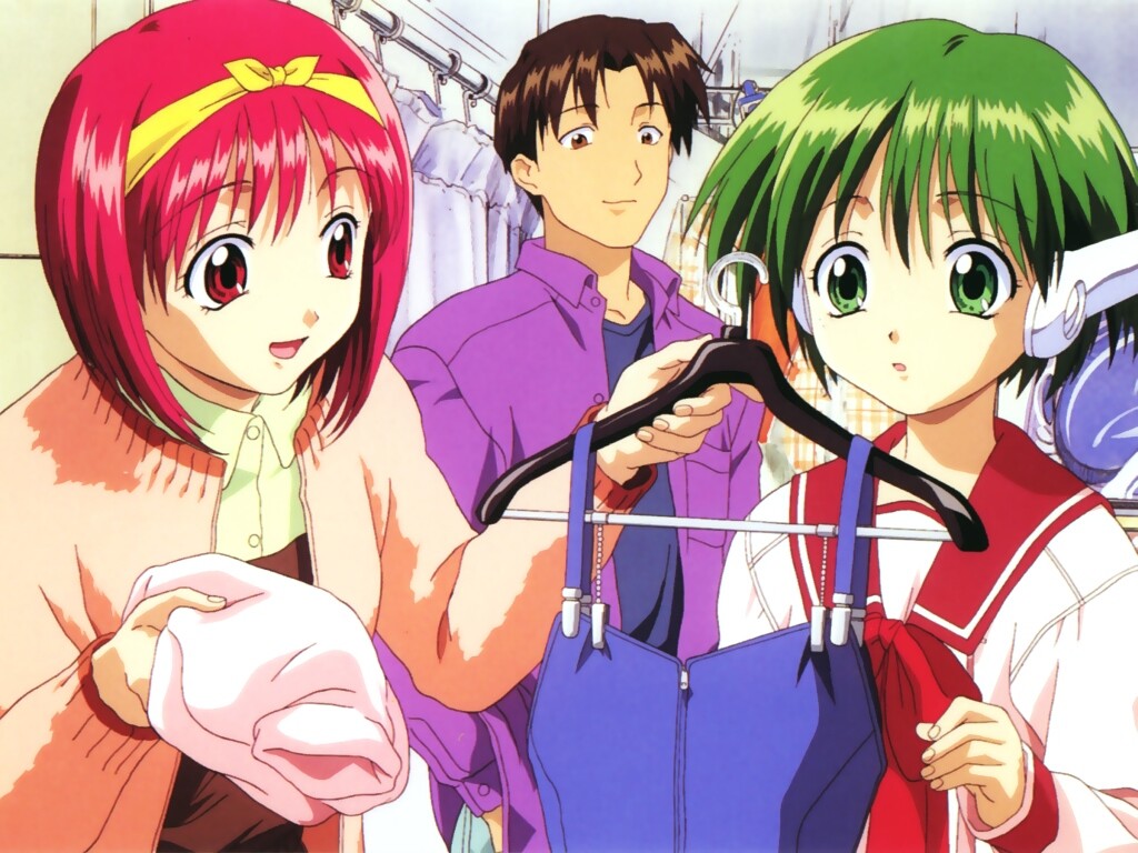 1boy, 2girls, bangs, blue_shirt, brown_eyes, brown_hair, clothes_hanger, curtain