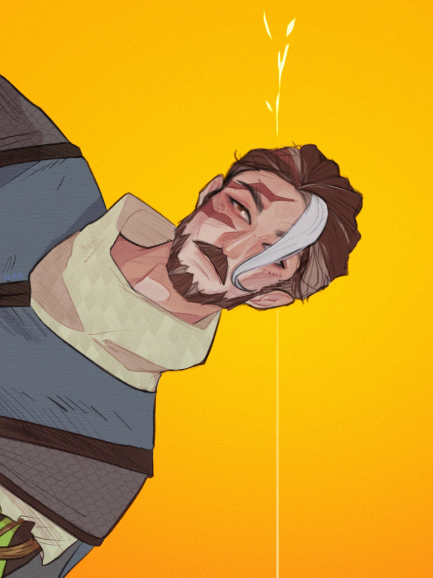 1boy, afk_(series), afk_journey, beard, brown_eyes, brown_hair, chinstrap_beard, closed_mouth, facial_hair, gradient_background, hair_over_one_eye, head_tilt, highres, ilsahaara, korin_(afk), looking_to_the_side, multicolored_hair, mustache, orange_background, portrait, scar, scar_across_eyebrow, scar_on_cheek, scar_on_face, sideways, streaked_hair, thick_mustache, white_streaks