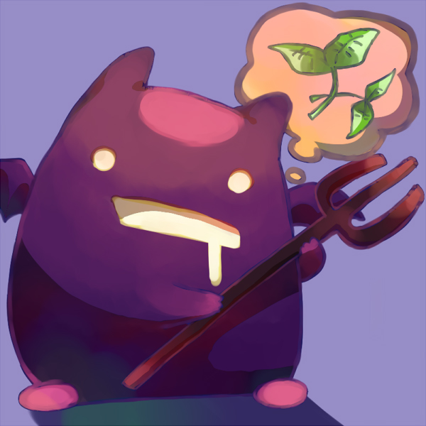 commentary_request, creature, demon, deviruchi, holding, holding_pitchfork, looking_at_viewer, no_humans