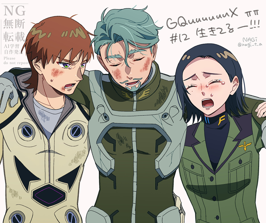 1girl, 2boys, beard, black_hair, breasts, brown_hair, bruise, bruise_on_face
