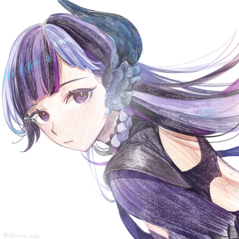 1girl, afk_(series), afk_journey, armor, black_dress, black_hair, chironex_bobo, closed_mouth, dress, dutch_angle, from_behind, lily_may_(afk), long_hair, looking_at_viewer, looking_back, multicolored_hair, purple_hair, shoulder_armor, solo, upper_body, violet_eyes, white_hair