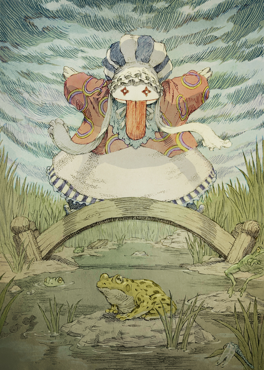 1other, absurdres, animal, arms_up, bow, bridge, chef_hat, clouds