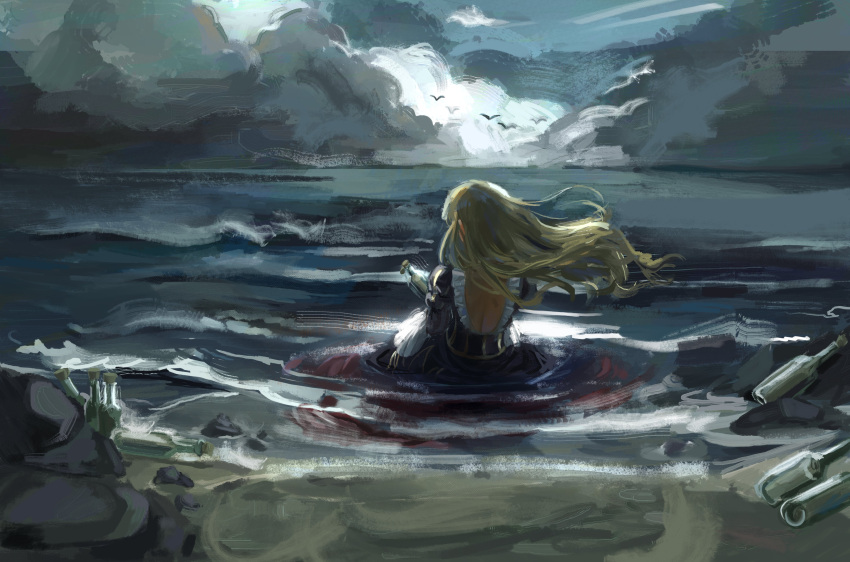 1girl, absurdres, backless_dress, backless_outfit, beach, beatrice_(umineko), blonde_hair, commentary