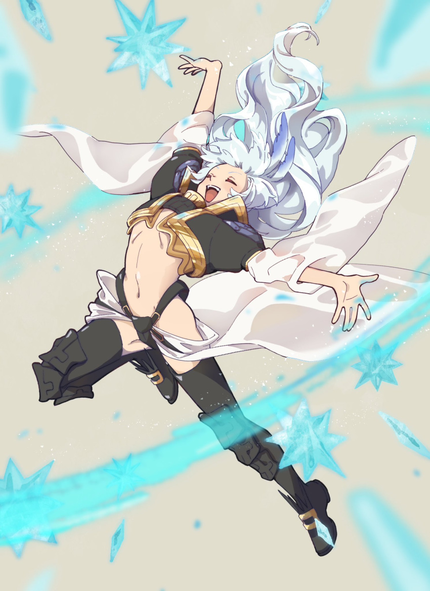 1boy, androgynous, arm_up, black_boots, black_jacket, blue_feathers, boots, closed_eyes