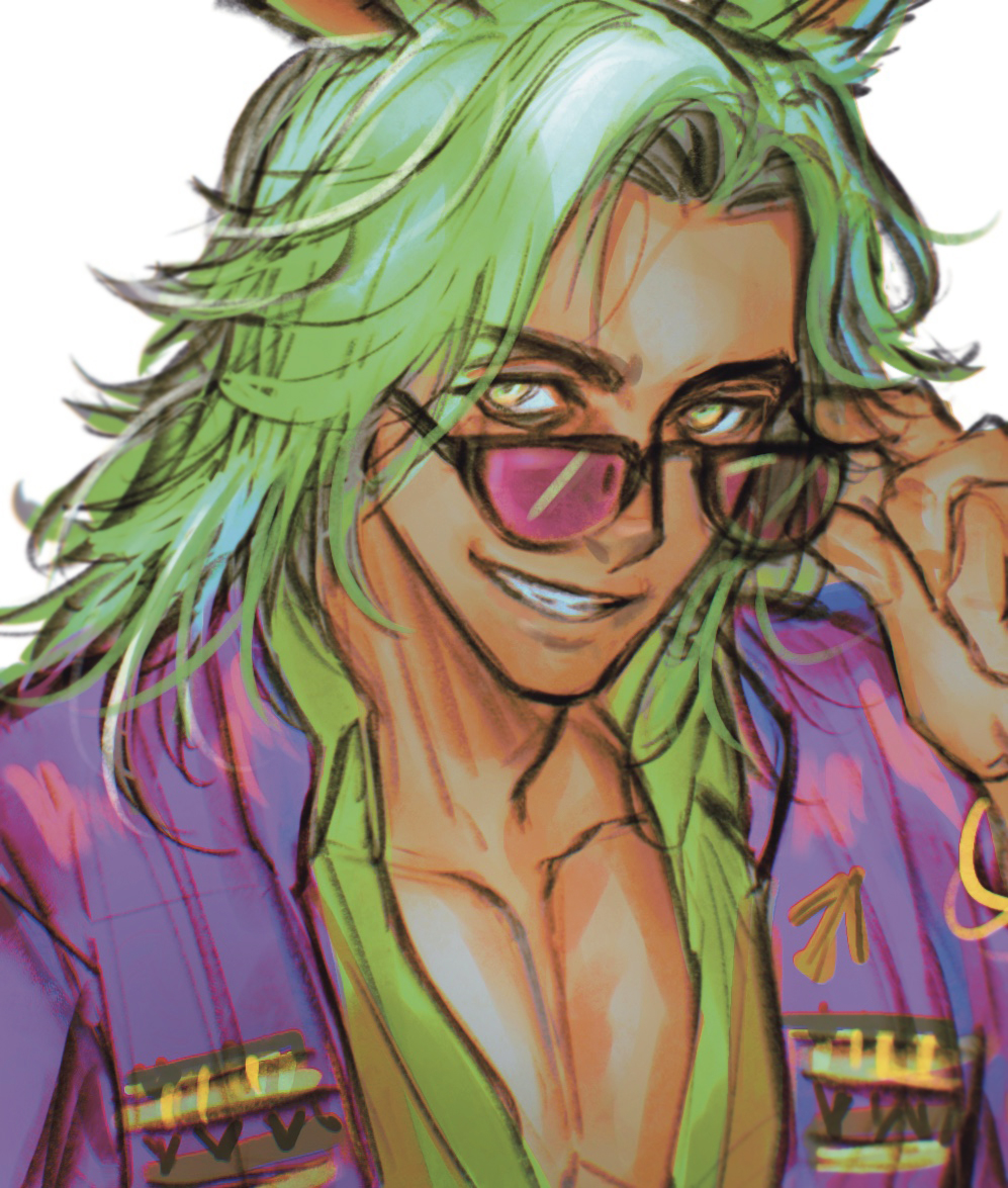 1boy, adjusting_eyewear, animal_ears, arm_up, black-framed_eyewear, collarbone, collared_shirt, commentary