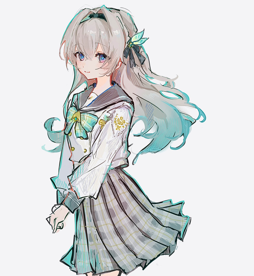 1girl, black_hairband, black_ribbon, blush, bow, bowtie, buttons, checkered_bow