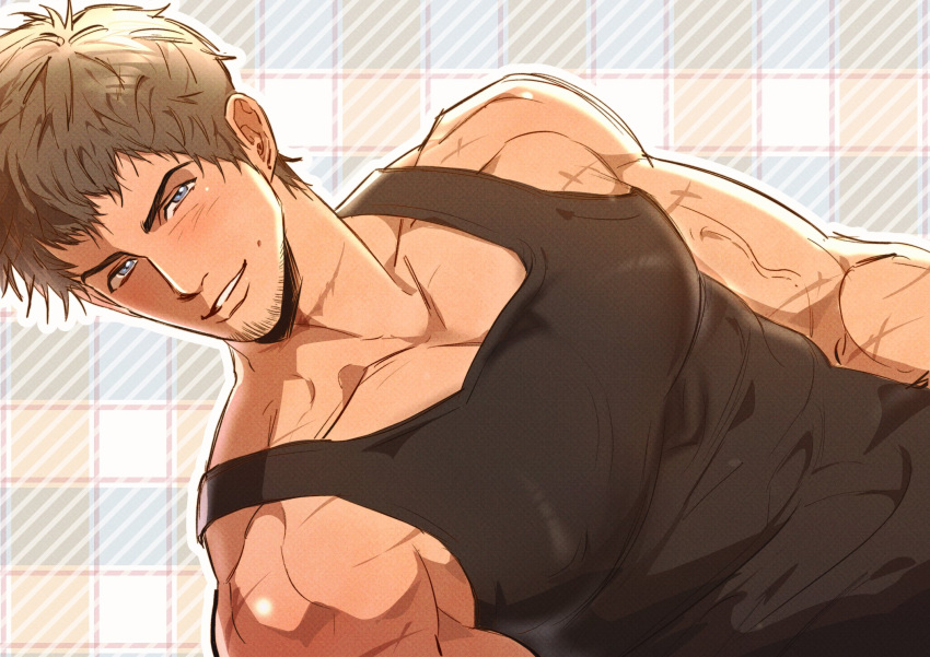 1boy, ardbert_hylfyst, bare_shoulders, black_tank_top, blue_eyes, brown_hair, collarbone, commentary