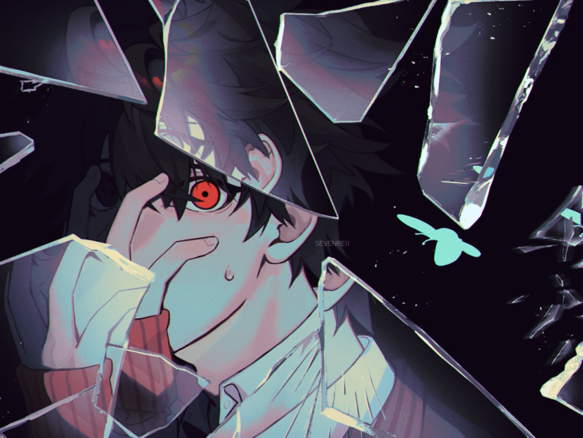1boy, ai_the_somnium_files, ai_the_somnium_files:_nirvana_initiative, artist_name, black_background, black_hair, blue_butterfly, broken_glass, bug, butterfly, collared_shirt, fingerless_gloves, glass, glass_shards, gloves, hand_on_own_face, highres, looking_at_viewer, male_focus, nanarei7, orange_gloves, partially_shaded_face, red_eyes, reflection, ryuki_kuruto, shirt, short_hair, solo, sweatdrop, white_shirt