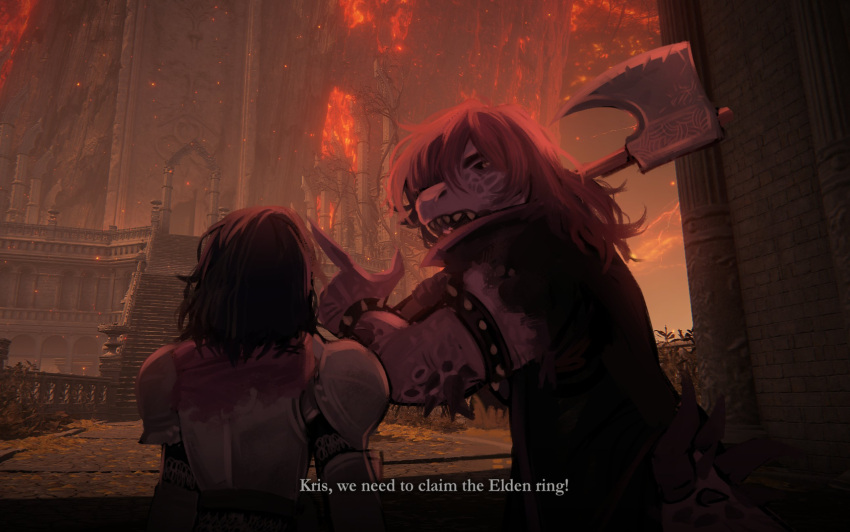 1girl, 1other, armlet, armor, axe, black_hair, black_vest, bracelet