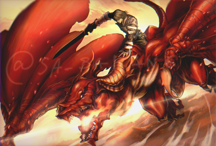 angel_(drag-on_dragoon), artist_name, black_hair, black_sclera, caim_(drag-on_dragoon), claws, closed_mouth, colored_sclera, commentary, drag-on_dragoon, drag-on_dragoon_1, dragon, dragon_wings, flying, highres, holding, holding_sword, holding_weapon, medium_hair, sa_bakan6, sharp_teeth, smile, sunlight, sword, teeth, twitter_username, watermark, weapon, wings, yellow_eyes