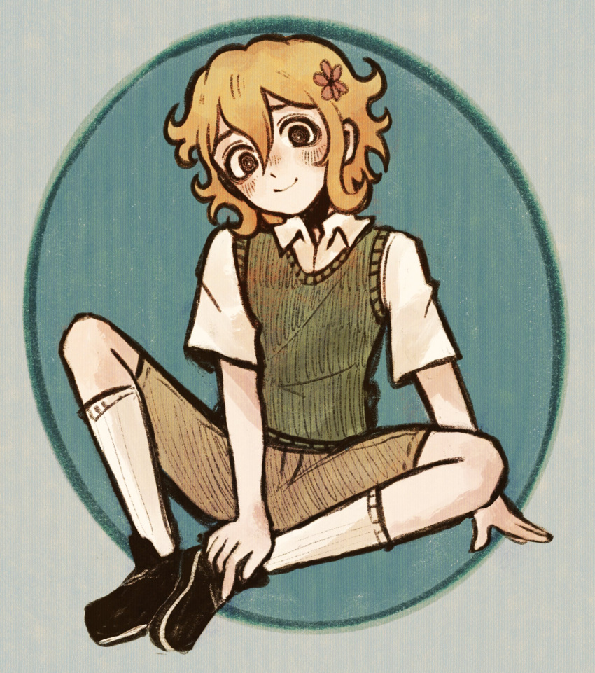 1boy, alternate_eye_color, basil_(faraway)_(omori), basil_(omori), black_eyes, black_shoes, blonde_hair, blush, brown_shorts, closed_mouth, collared_shirt, full_body, green_sweater_vest, highres, looking_at_viewer, male_focus, omori, ottie_pops, shirt, shoes, short_hair, short_sleeves, shorts, sitting, smile, socks, solo, sweater_vest, white_shirt, white_socks